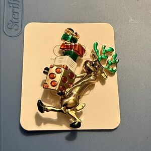 Christopher & Banks Festive Reindeer Brooch - Gold, Green, Red
